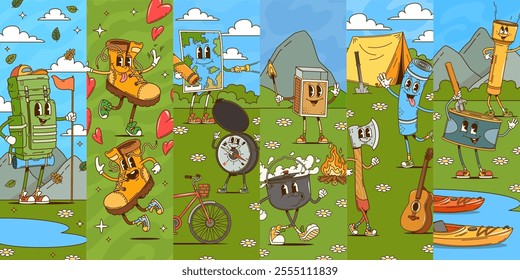 Cartoon groovy travel and tourism characters collage of camping, vector background. Cartoon groovy hiking characters of camper tent and backpack tourist bag with kayak and compass or campfire matches