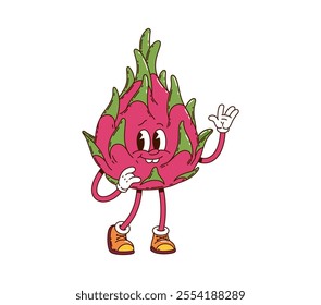 Cartoon groovy tropical dragon fruit character. Isolated vector pitahaya or dragonfruit retro personage with expressive face, standing in playful pose, smiling and wearing trendy, hippie sneakers