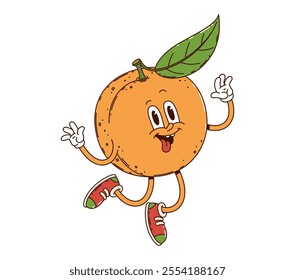 Cartoon groovy tropical orange or tangerine fruit character. Isolated vector mandarin citrus fruit personage jumping with happy, quirky and joyful expression, exudes funky and hippie summer vibe