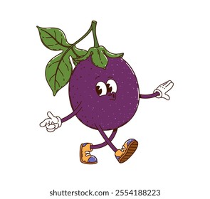 Cartoon groovy tropical passion fruit character cheerfully strolling with playful expression. Isolated vector ripe exotic fruit personage evokes feelings of happiness and healthy vibe while whistling