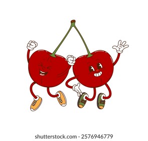 Cartoon groovy two cherry berry happy characters. Ripe red berries couple groovy cheerful mascots, farm garden or orchard fresh cherry cartoon isolated vector funny personage