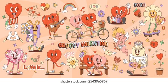 Caracteres dos namorados groovy dos desenhos animados e símbolos de amor retro. Vetor conjunto de corações, margarida flor, Anjo Amour, bolo de casamento personagens namoro, comemorar feriados, andar de bicicleta e skate, cantar