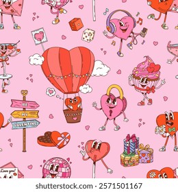 Cartoon groovy Valentine characters seamless pattern with hearts, vector background. Valentine day love holiday pattern of groovy funny heart and wedding cupcake muffin with pink love message envelope