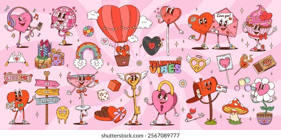 Cartoon groovy valentine characters and symbols. Vector set of hearts, love messages, balloons, gifts and playful retro personages at pink spiral background. Patches for romantic and festive decor