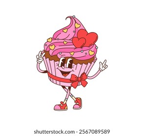 Cartoon groovy Valentine cupcake character with pink icing and heart shaped ornament and ribbon evoking retro vibes. Isolated vector cute muffin personage celebrates love, affection, joy and sweetness