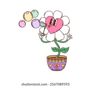 Cartoon groovy valentine daisy flower character. Isolated vector carefree potted chamomile bloom retro personage blowing soap bubbles evoking sense of joy and romance, y2k hippie vibe and affection