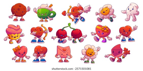 Cartoon groovy valentine day characters. Vector set of playful personages inspired by love, including hearts, flowers, cupcake, cookie and cherries, flowers and envelopes expressing romantic emotions