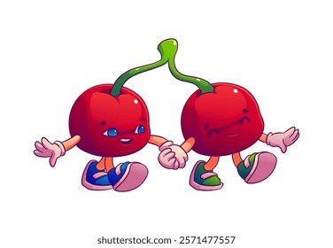 Cartoon groovy valentine day cherry couple characters. Cute vector happy berries walking and holding hands, sharing love and togetherness. Comic retro nostalgic personages greeting and celebrate