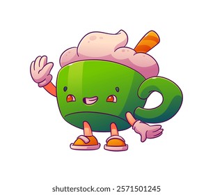 Cartoon groovy valentine day green coffee cup character with whipped cream and a straw, featuring a joyful expression. Vector charming retro personage, cozy, fun and playful mug with hot beverage