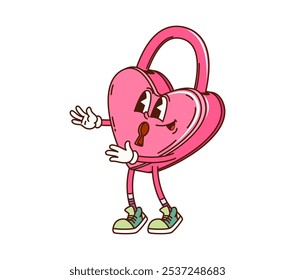 Personaje de bloqueo de corazón de día de San Valentín de dibujos animados. El adorable candado rosa en forma de corazón está sonriendo y estirando los brazos. Personaje retro y2k de vacaciones de Vector con amor, seguridad y felicidad