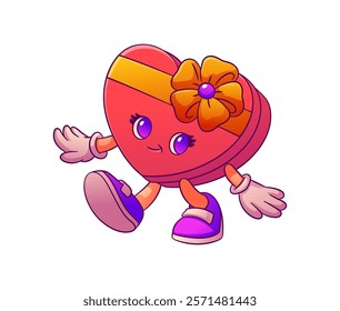 Cartoon groovy valentine day heart shaped gift box character. Isolated vector vibrant red present package retro personage, adorned with ribbon, and smile, exuding nostalgic charm of romantic holiday