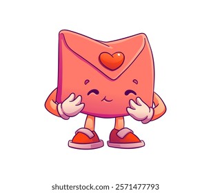 Cartoon groovy valentine day pink envelope character with heart symbol. Isolated vector holiday mail or letter retro comic personage smiling and exudes romantic vibes. Love message for celebration