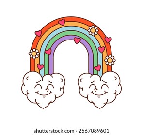 Cartoon groovy Valentine Day rainbow with clouds, hearts and daisy flowers. Isolated vector retro, hippie heavenly arch in bright colors, evoking romantic and magic vibes. Symbol of love and wonder