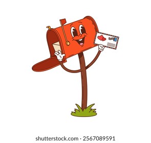 Cartoon groovy Valentine day red postbox character with love letter and parcel inside. Isolated vector retro mailbox expressing affection while delivering warm feelings and romantic holiday messages