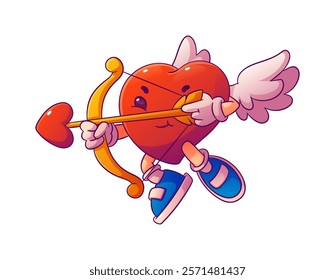 Cartoon groovy valentine day winged heart cupid character armed with a bow and heart shaped arrow, ready to spread love. Isolated vector cute kawaii retro personage radiates joy and romantic charm