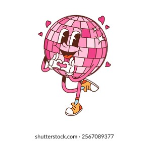 Cartoon groovy Valentine disco ball character showing heart gesture, exuding love vibe. Isolated vector funky personage with trendy hippie sneakers and cheerful expression ready for retro dance party