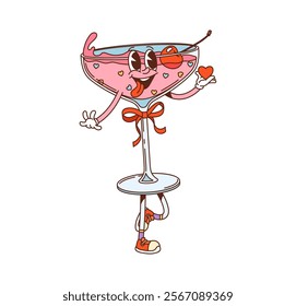 Cartoon groovy Valentine drink glass character in love. Vector pink retro cocktail personage with festive bow and cherry, wearing trendy sneakers and holding heart. Cute beverage exudes hippie vibes