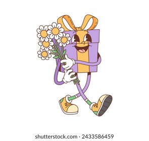 Cartoon groovy valentine gift box character with a bouquet. Isolated vector vibrant groove valentines present personage gleams with joy, holding lush daisy of flowers, embodying love and celebration