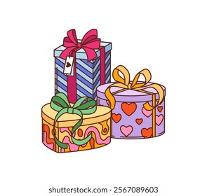 Cartoon groovy Valentine gift boxes with ribbons and heart decorations. Isolated vector colorful gift boxes for Valentines Day celebrations or romantic occasions, feature playful and vibrant wrapping