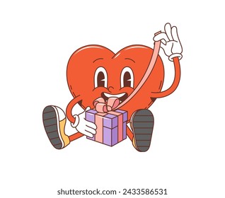 Cartoon groovy Valentine heart character with gift in retro 70s hippie art, vector comic personage. Groovy heart with funny face unpacking love gift box for wedding or Valentine day holiday emoji