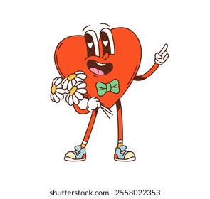 Cartoon groovy valentine heart character with a green bowtie, holding daisies bouquet and showcasing cheerful expression. Isolated vector retro personage, symbol of love and affection with y2k vibe