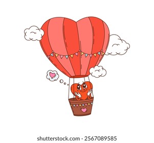 Cartoon groovy Valentine heart character traveling on air balloon. Vector hippie y2k retro heart personage enjoying a ride in whimsical air balloon captures joy and romance, spreads love among clouds