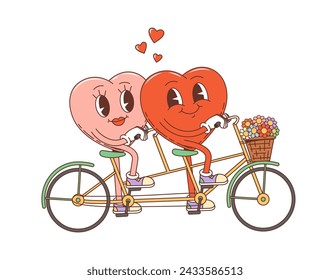 Cartoon groovy Valentine heart couple characters on bicycle, vector retro 70s hippie art. Happy heart couple in love riding tandem bicycle with flowers basket, wedding or Valentine day holiday emoji