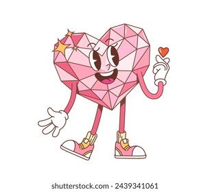 Cartoon groovy Valentine heart gem happy in love, vector retro comic art. 70s hippie groovy heart character as diamond gemstone shining with happy smile for Valentine holiday emoji or wedding