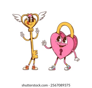 Cartoon groovy valentine heart lock and key characters. Adorable heart shaped padlock sticking tongue and key is smiling. Vector holiday retro personages featuring love, security and happy relations