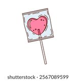 Cartoon groovy valentine heart shaped pink lollipop wrapped in clear packaging with a stick. Isolated vector love symbol, sweet sugar candy for valentines day, sweet treats, cute festive confectionery