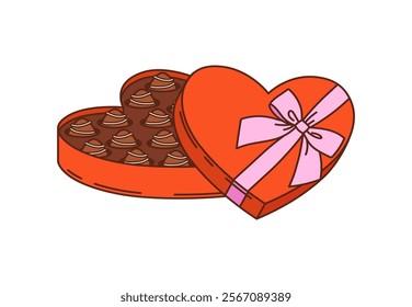 Cartoon groovy valentine heart shaped red box of chocolates adorned with pink ribbon and filled with assorted candies. Isolated vector gift for valentine day, romantic dating, anniversary celebration