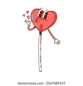 Cartoon groovy Valentine heart shaped lollipop candy character sending air kiss with hearts. Isolated vector sweet personage captures the joy and warmth of Valentines Day expressing love and affection