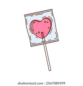 Cartoon groovy valentine heart shaped pink lollipop wrapped in clear packaging with a stick. Isolated vector love symbol, sweet sugar candy for valentines day, sweet treats, cute festive confectionery