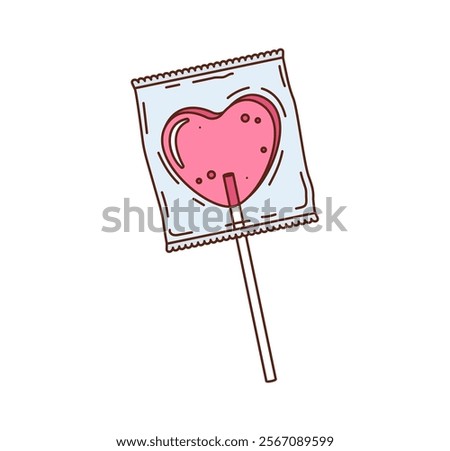 Cartoon groovy valentine heart shaped pink lollipop wrapped in clear packaging with a stick. Isolated vector love symbol, sweet sugar candy for valentines day, sweet treats, cute festive confectionery