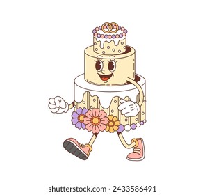 Caricatura groovy Valentine personaje de pastel de vacaciones en arte hippie retro de los años 70, personaje de cómic vectorial. Pastel estupendo con cara divertida, anillos de boda y flores, personaje funky groovie para emoji de San Valentín