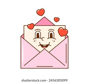 Cartoon groovy valentine love envelope character with pink hearts. Valentines Day romantic letter or message vector personage of cute paper sheet with funky face. Retro Valentine card emoticon