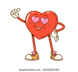 Caricatura groovy valentine amor corazón personaje con ojos amorosos. Personaje de Vector de San Valentín de corazón rojo mostrando el pulgar hacia arriba. Emoticono hippy retro groovy del amor romántico y expresión de emoción fresca