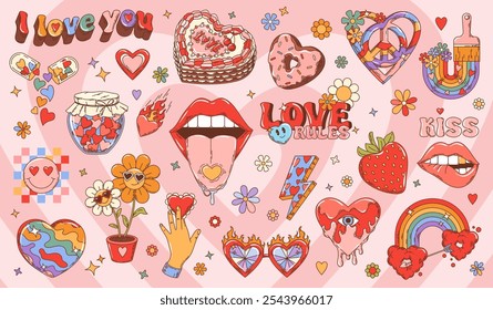 Dibujos animados groovy Valentine amor pegatinas y Elementos y2k. Vector hippie retro del día de San Valentín símbolos de corazones de amor, flores de margarita, arco iris y labios de beso. Emoji hippy, gafas de sol de corazón, pastel y dulces