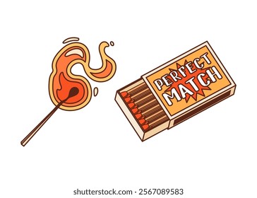 Cartoon groovy Valentine matchbox labeled Perfect Match with a burning matchstick, symbol of love and compatibility. Isolated vector hippie y2k romantic match with fire flame with funky vibe