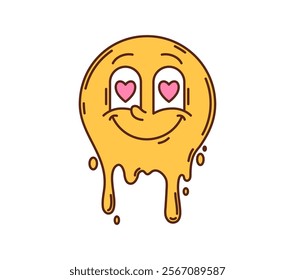 Cartoon groovy Valentine melting face character with hearts in its eyes. Vector playful, melting emoji with heart shaped eyes and dreamy smile. Retro hippie yellow dripping, affectionate expression