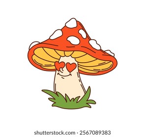 Cartoon groovy valentine mushroom character with heart shaped eyes. Isolated vector amanita fungus comic personage exuding love, spreads cheerful, loving valentines energy with playful whimsical vibe