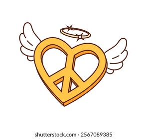 Cartoon groovy valentines day hippie peace sign, love symbol. Isolated vector retro heart badge with angelic wings and halo exudes nostalgic 60s and 70s vibe. Symbol of love, freedom and romantic vibe