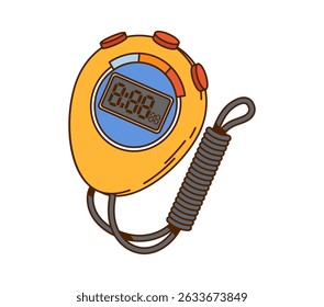 Cartoon groovy vetor amarelo esportes cronômetro com botões vermelhos enrolada cordão e display digital. Isolado Y2K vintage equipamento de esporte para gerenciamento de tempo, rastreamento, cronometragem em atividades de atletismo