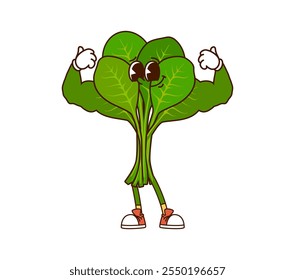 Caricatura groovy carácter vegetal que flexiona sus músculos en el deporte de la aptitud. Personaje de culturista de granja retro del deportista de la verdura fresca verde de Vector aislado demuestra poder, fuerza y estilo de vida saludable