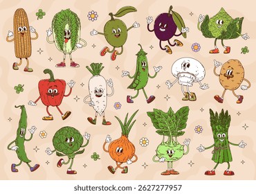 Cartoon groovy vegetable characters with funny face and happy smile, vector retro comic. Groovy asparagus with funky onion and olive, silly corn and cabbage with potato and cabbage with thumb up