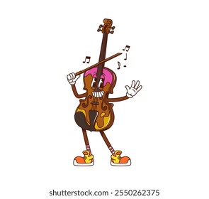 Caricatura groovy violín personaje musical. Personaje de instrumento de violín de Vector aislado tocando música clásica en sí mismo. Equipo del músico con la cara sonriente y el arco en la mano que promueve clases educativas