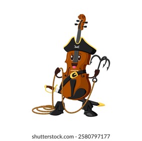 Cartoon groovy violin pirate or corsair character, vector musical instrument. Groovy violin fiddle as Caribbean pirate captain with funny face and saber sword for music instrument cartoon character