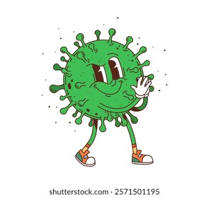 Cartoon groovy virus medicine and health character with cheerful face and hippie sneakers. Vector playful green bacteria, germ or coronavirus cell, retro personage with happy expression and funky vibe