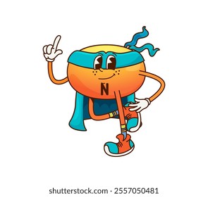 Cartoon groovy vitamin H superhero character pointing finger. Isolated vector funny Biotin capsule personage on guard of health. Strong nutrient bubble comics book defender in super hero mask and cape