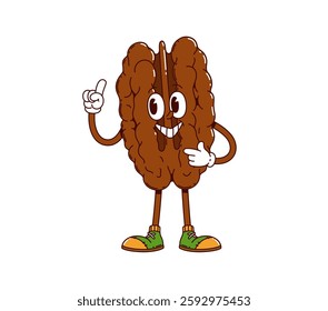 Cartoon groovy walnut nut character with funny face, vector comic emoji. Groovy peeled walnut seed with funky silly smile for nut comic emoji and food character or emoticon in 80s retro cartoon art